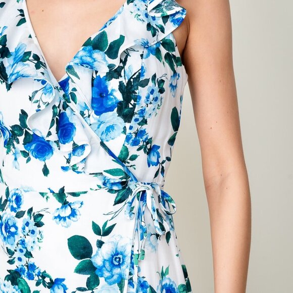 LUMIERE Blue Floral Ruffle Wrap Midi Dress, White Summer Wedding Guest Outfit - Picture 4 of 6